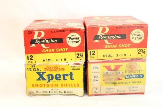 Four boxes of 12 ga shotshells. One Western 3" #6 shot, one Western #6 shot, and two Remington #5