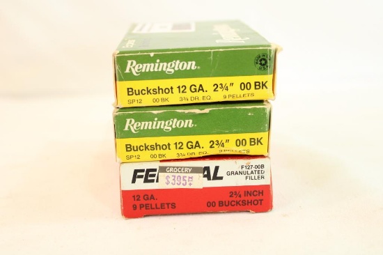 Three boxes of 12 ga 00 buck. One Federal, and two Remington. Count 14.