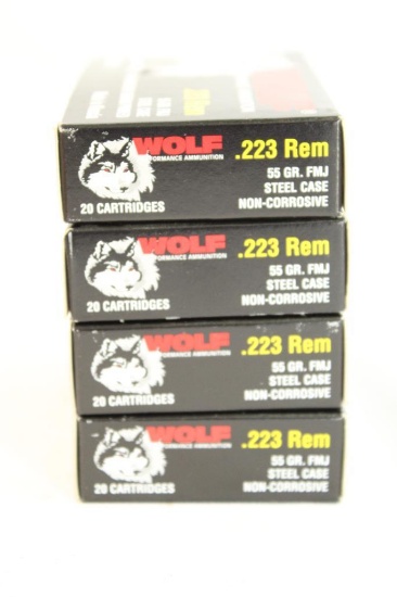 Four boxes of Wolf 223 Rem 55 gr FMJ. Count 80