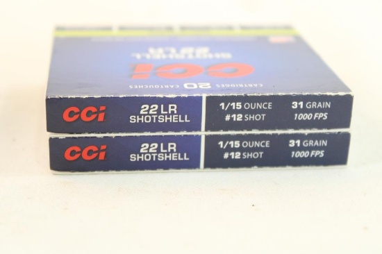 Two boxes of CCI 22 LR shotshells #12 shot. Count 40.