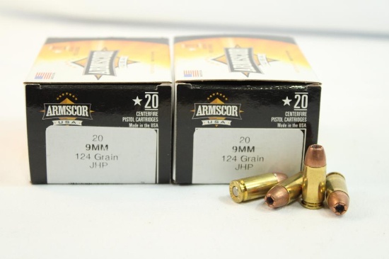 Two boxes of Armscor 9mm 124 gr JHP. Count 40.