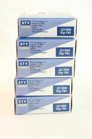 Five boxes of Scorpio 223 Rem 55 gr FMJ. Count 100.