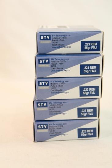 Five boxes of Scorpio 223 Rem 55 gr FMJ. Count 100.