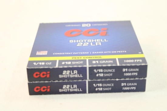 Two boxes of CCI 22 LR shotshells #12 shot. Count 40.