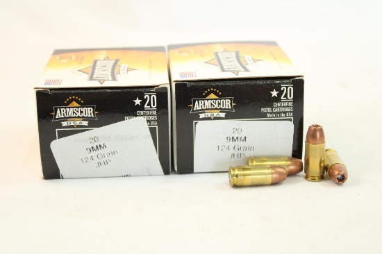 Two boxes of Armscor 9mm 124 gr JHP. Count 40.