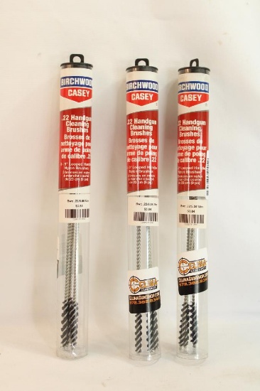 Three Birchwood Casey 22 handgun cleaning brushes. In packages. Count 9.