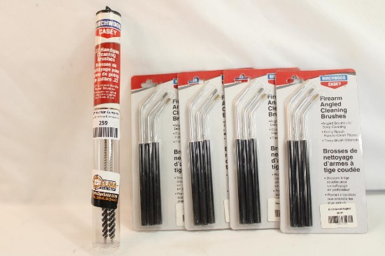 One package of Birchwood 22 handgun cleaning brushes, and four packages of angled cleaning brushes.