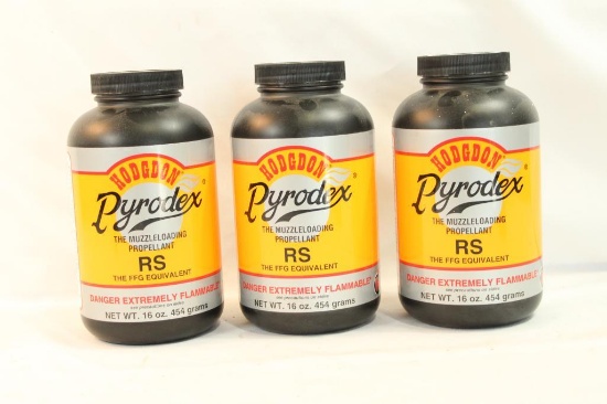 Three bottles of Hodgdon RS Pyrodex. Will not ship, pick-up only.