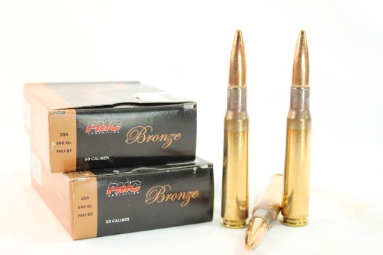 Two boxes of PMC Bronze 50 cal 660 gr FMJBT. Count 20.