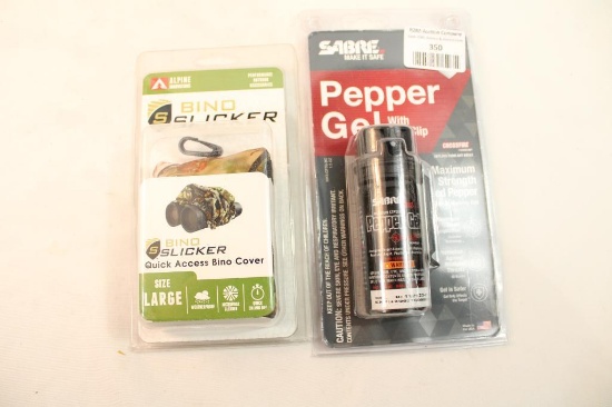 One Alpine bino slicker, and one pepper gel pepper spray. In packages.