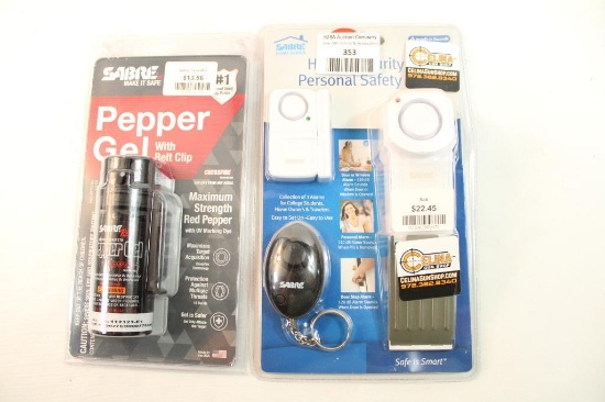 One Sabre home security door alarm and Sabre pepper gel spray. In packages.