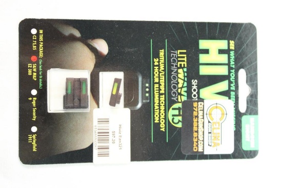 One HiViz pistol sights for multiple pistols. In package.