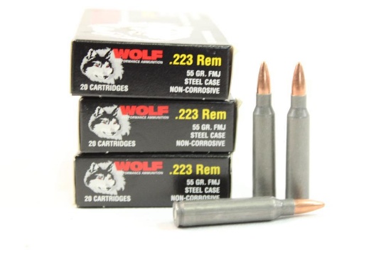 Three boxes of Wolf 223 Rem 55 gr FMJ. Count 60.