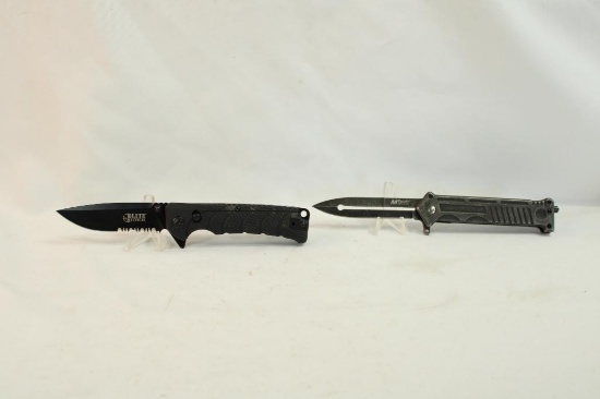 Two MTech assisted opening belt clip folding knives. One in package.