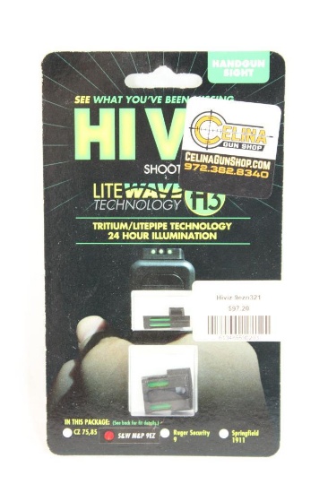 One HiViz pistol sights for multiple pistols. In package.
