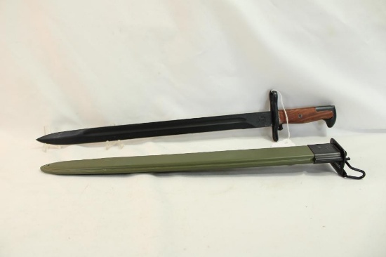 One 20" M1 garand bayonet with metal scabbard. US 1943 on blade. Looks unused.