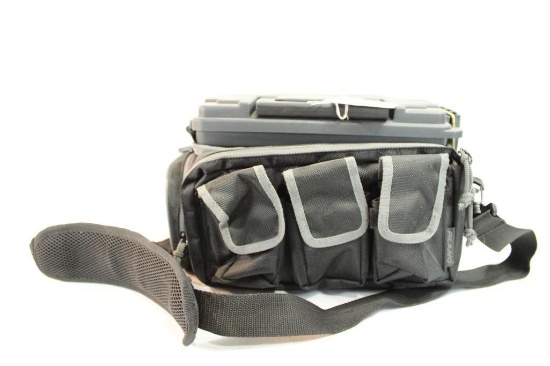 One nylo Plano range bag with black plastic ammo box.