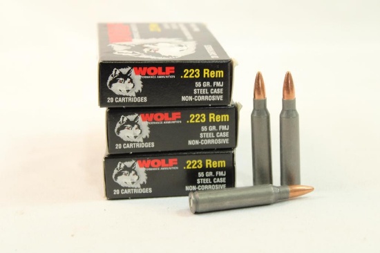 Three boxes of Wolf 223 Rem 55 gr FMJ. Count 60.