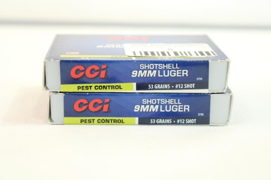 Two boxes of CCI 9mm shotshells #12 shot. Count 20.