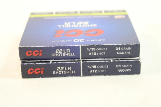 Two boxes of CCI 22 LR shotshells #12 shot. Count 40.