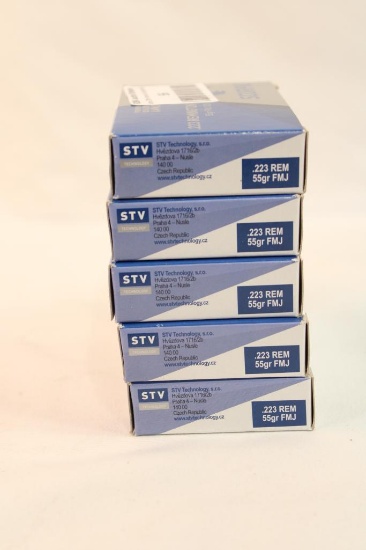 Five boxes of Scorpio 223 Rem 55 gr FMJ. Count 100.