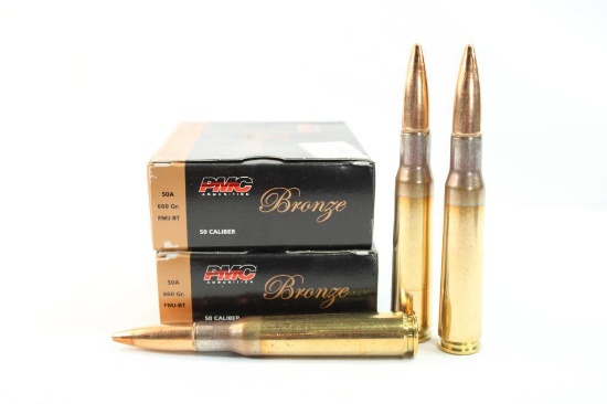Two boxes of PMC Bronze 50 cal 660 gr FMJBT. Count 20.
