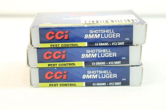 Three boxes of CCI 9mm shotshells #12 shot. Count 30.