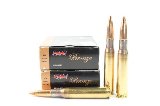 Two boxes of PMC Bronze 50 cal 660 gr FMJBT. Count 20.