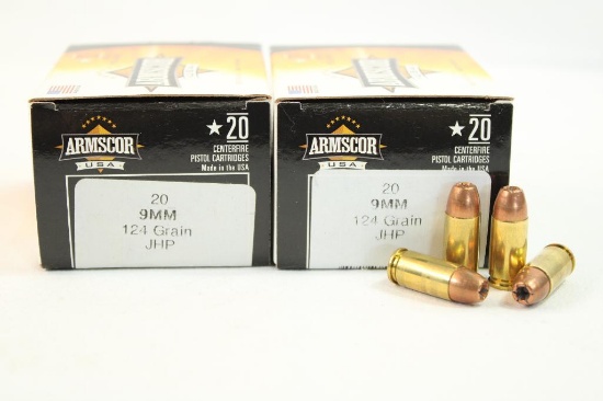 Two boxes of Armscor 9mm 124 gr JHP. Count 40.