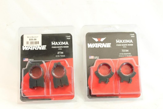 Two sets of Warne maxima fixed 1" scope rings, one for rimfire and one for Tikka