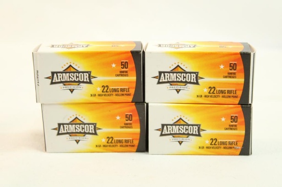 Four boxes of Armscor 22 LR 36 gr HP. Count 200.