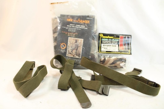 One Hide um Hunter mesh pants L/XL, one stretch camo gun sock and three military type belts