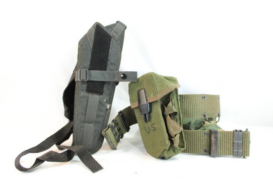 One black nylon over shoulder holster and one military belt with ammo pouches
