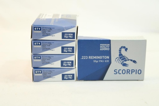 Five boxes of Scorpio 223 Rem 55 gr FMJ. Count 100.