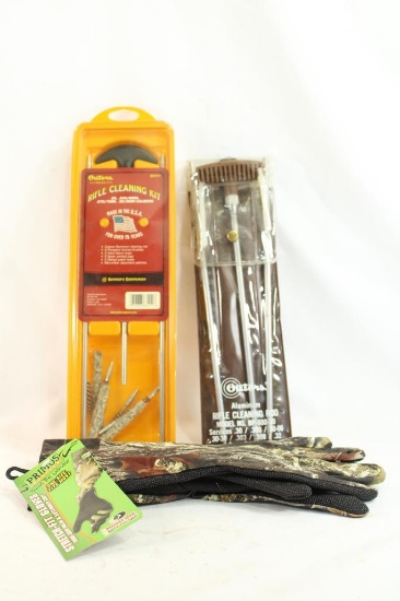 Two rifle cleaning rod sets and pair of Primos stretch camo one size fits all gloves