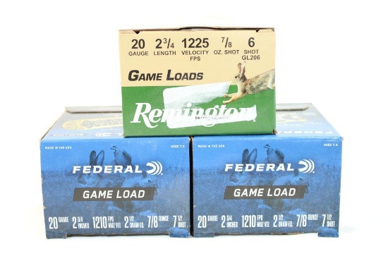 Three boxes of 20 ga shotshells. One Remington #6 shot and two Federal #71/2 shot. Count 75.