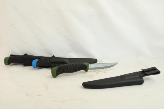 Three fixed blade knives with 4" blade and molded plastic sheaths