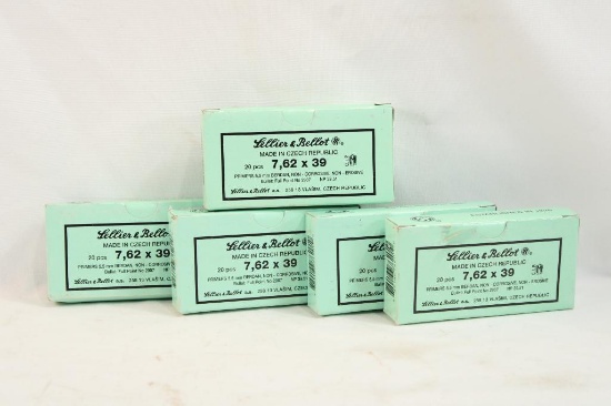 Five boxes of Sellier & Bellot 7.62X39 ammo, 100 rounds