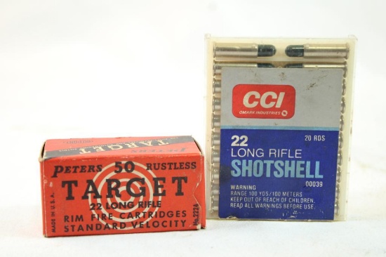 One pkg of CCI 22 LR shotshell 20 count and one box of Peters Target 22LR 50 count , 70 count total