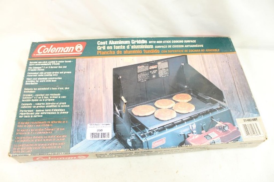 Coleman two burner propane stove with leather carry case, two bottles and cast aluminum griddle