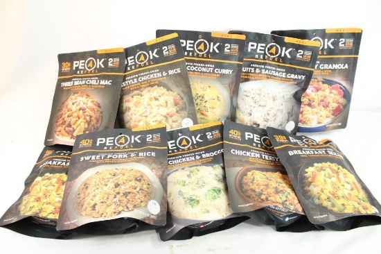 Box containing 10 Peak Refuel freeze dried meals (biscuits & gravy, cheesy chicken & broccoli, egg