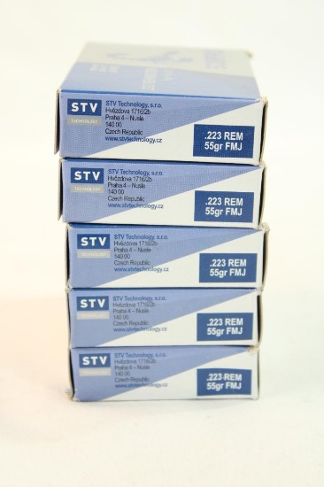 Five boxes of Scorpio 223 Rem 55 gr FMJ. Count 100.