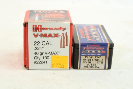 Two boxes of 22 Cal bullets, one Hornadyb40 gr V-max and one Barnes 62gr TSX, 150 count total