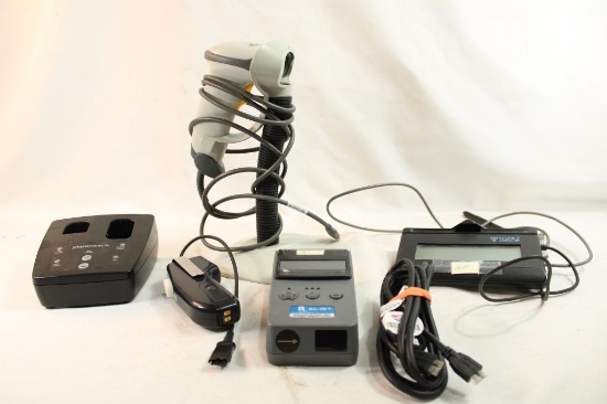 Box containing a Topaz system signature LCD, Alarm Lock infrared printer, Symbol barcode scanner