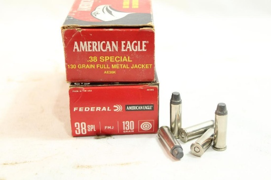 Two boxes of .38 Special 130 gr FMJ. One American Eagle and one Federal, 100 count total