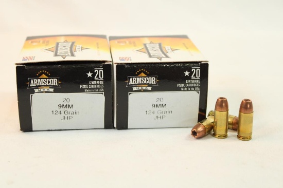 Two boxes of Armscor 9mm 124 gr JHP. Count 40.