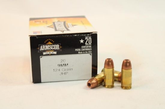 One box of Armscor 9mm 124 gr JHP. Count 20.