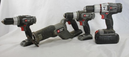 Three Porter Cable cordless drills and one sawzall, one battery no charger