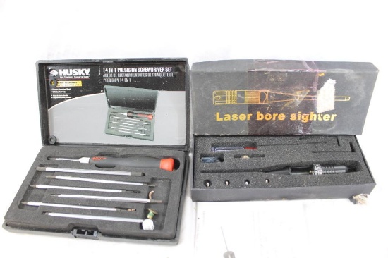 Laser bore sighter and Husky 14 n 1 screwdriver set