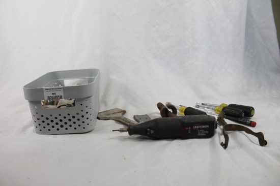 Box with miscellaneous items including Craftsman cordless rotary tool, screwdrivers, one antique